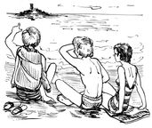 Zeichnung von Wolfgang Henneke im Buch 'Fünf Freunde jagen die Entführer': Die Fünf Freunde sitzen am Strand