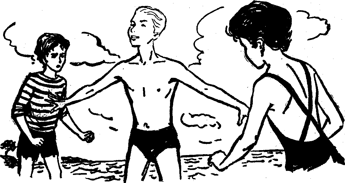Zeichnung im Buch 'Fünf Freunde helfen ihrem Kameraden': Jo geht auf George (im Badeanzug) los, weil er glaubt, sie sei ein Junge. Dick (in Badehose) versucht, die beiden Mädchen zu trennen.